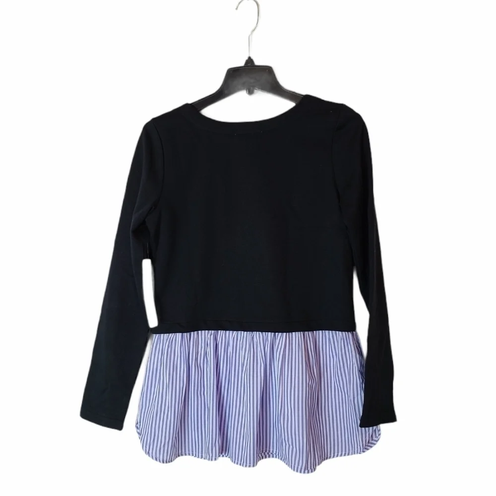 Nicole Miller Navy Blue Ruffle Stripe Cotton Crewneck Sweatshirt XSmall NWT - Picture 7 of 10